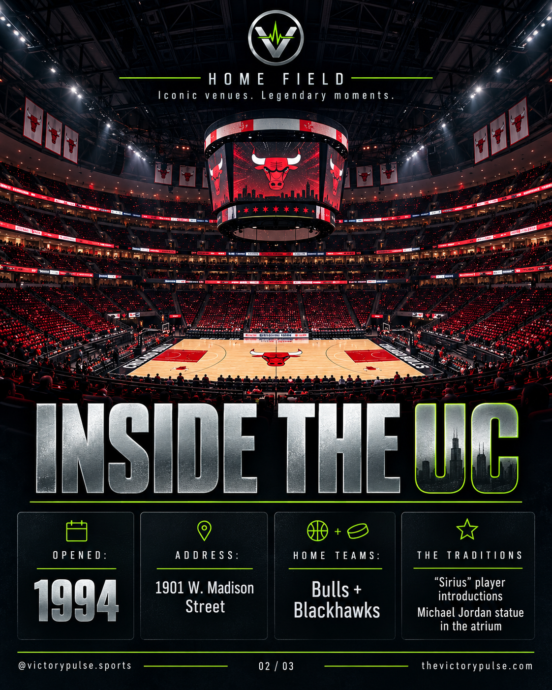 Inside the UC: opened 1994, at 1901 West Madison Street, home to Bulls and Blackhawks; Sirius introductions and Jordan statue